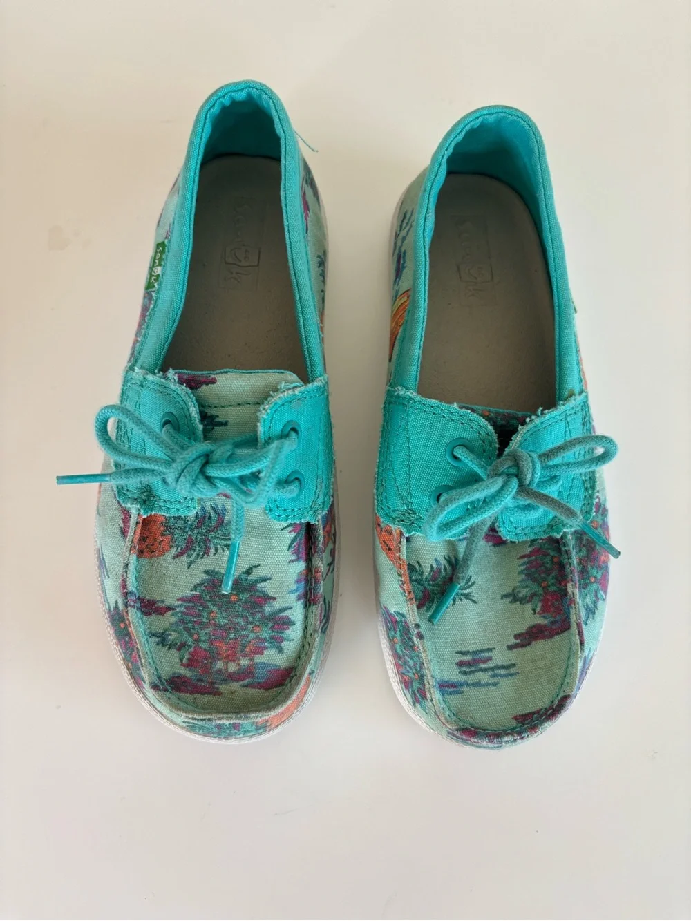 Sanuk Teal Tropical Canvas Kids Loafers